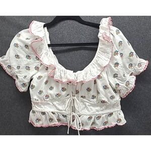 Rixo Larina Cropped Peasant Top 90s Y2K  Beachy Boho Embroidered Flowers